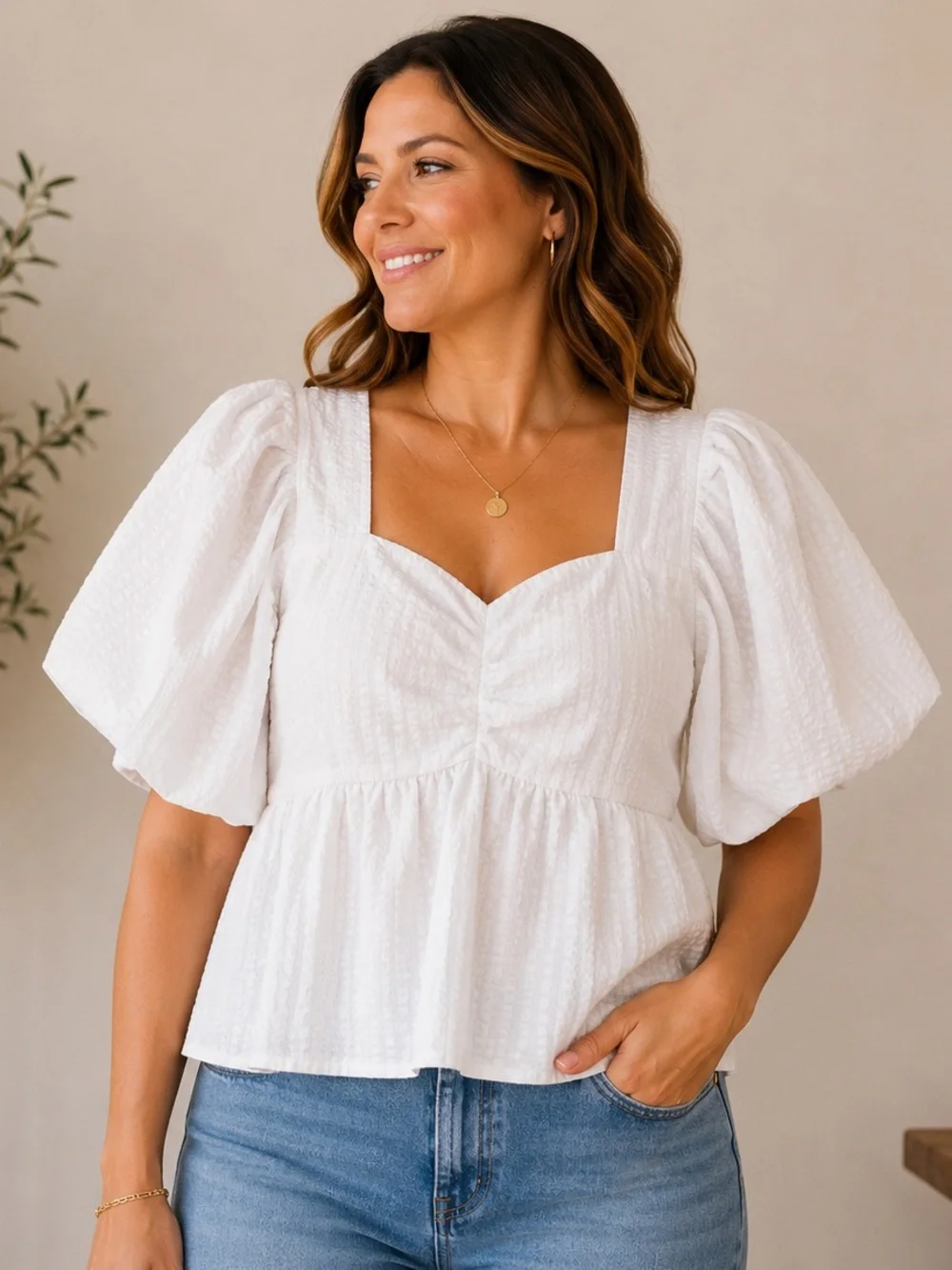 Old Navy White Peplum Blouse Puff Sleeve Size Large Cottagecore